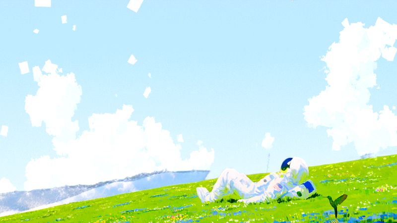 An astronaut lying on a bright green slope under a pale sky scattered with pages
