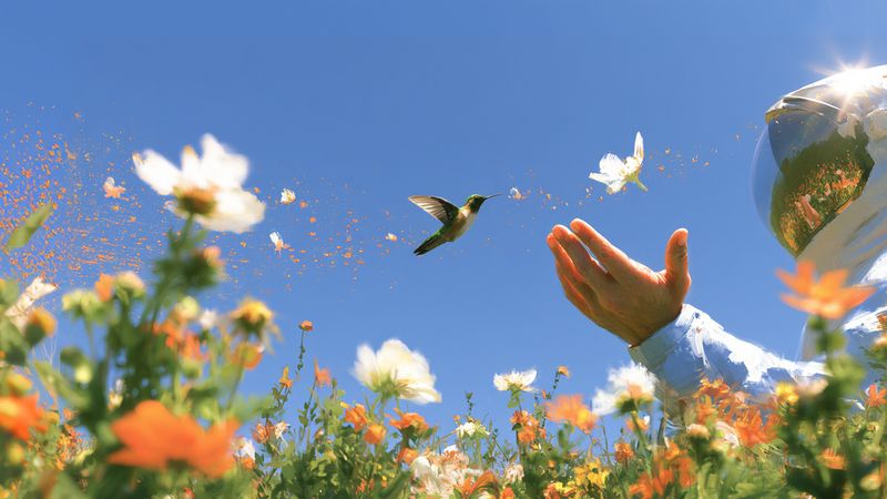An astronaut's hands opening toward a hummingbird among wildflowers