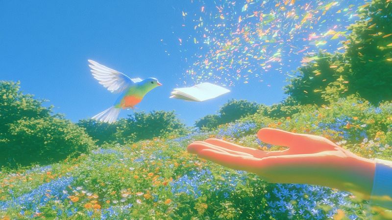 A rainbow-colored bird carrying a page away from an open hand, over a flowering garden