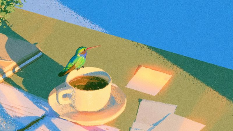 A hummingbird perched on a coffee cup on a sunlit table scattered with papers