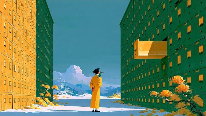 A person in a yellow coat between vast walls of drawers, a small bird on their shoulder