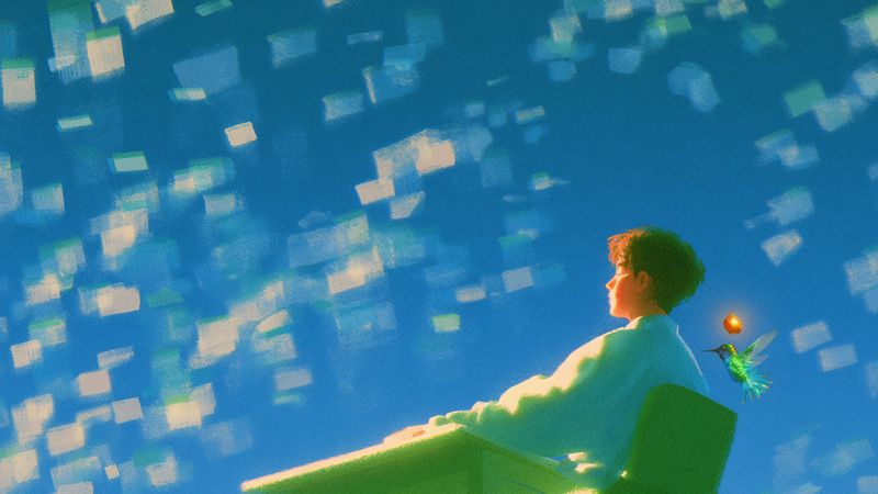A person leaning back to watch drifting screens in a blue sky, a hummingbird at their shoulder