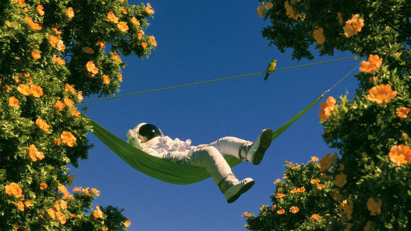An astronaut in a hammock under orange-flowering branches, a small bird on the rope