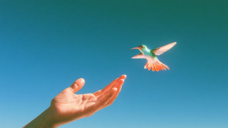 A hand reaching up toward a hummingbird against a teal sky