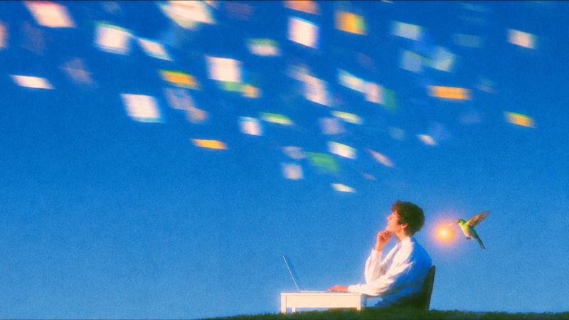 A person at a laptop on a dark hillside, a hummingbird and a small warm light beside them, colored cards drifting overhead