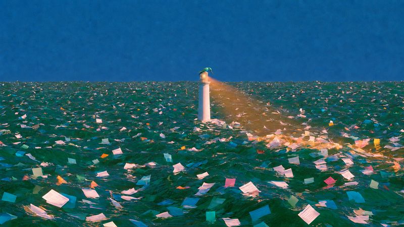 A lighthouse casting its beam across a sea of scattered pages