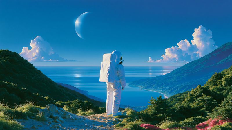 An astronaut overlooking a vast coastal valley under a crescent moon