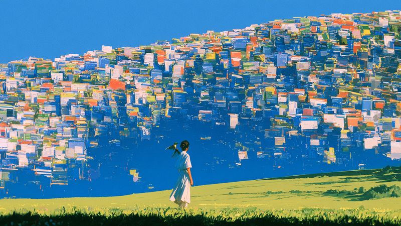 A small figure on a green field facing a towering wall of files, a bird on their shoulder