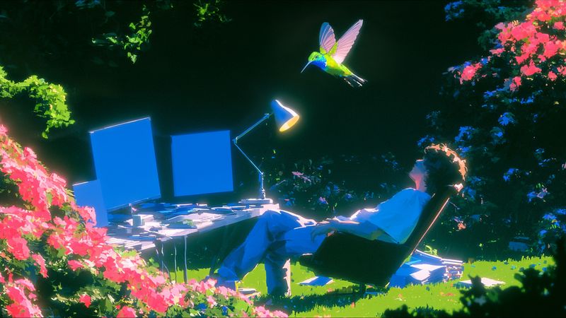 A person leaning back at a garden desk at night while a hummingbird hovers above