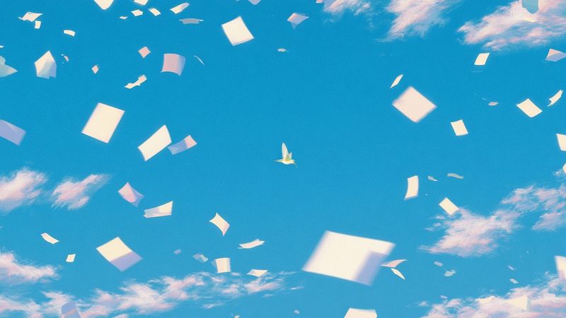 White pages drifting across a bright blue sky, a tiny bird among them