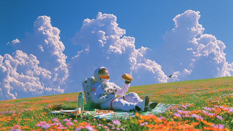 An astronaut picnicking in a flowering meadow under towering clouds