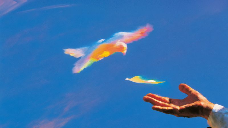 An open hand reaching toward a blurred, rainbow-colored bird in a blue sky