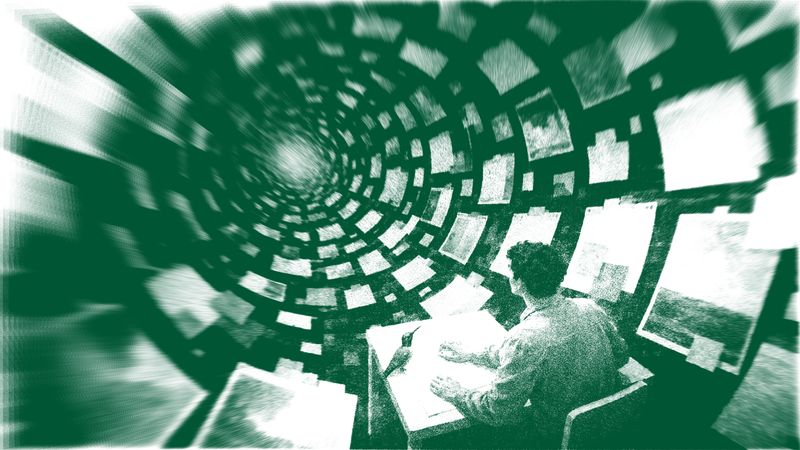 A green duotone of a person at a laptop inside a spiraling tunnel of screens