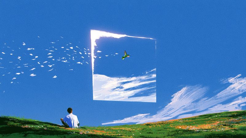 A person sitting in the grass watching a floating window of sky, a small bird inside it
