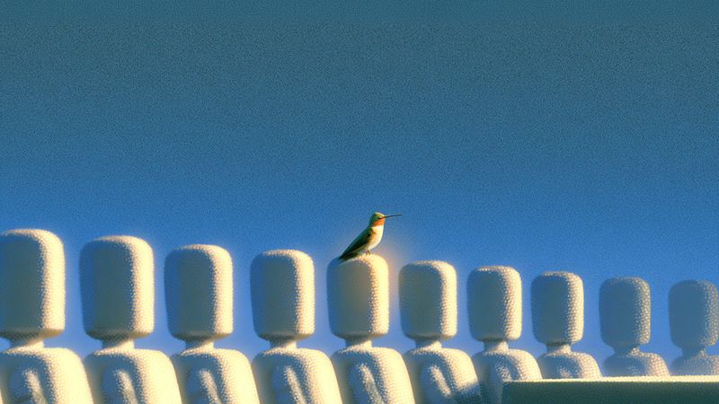 A hummingbird perched on one of a row of white seat backs against a blue sky