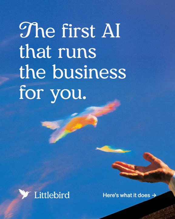 “The first AI that runs the business for you.” over a rainbow bird leaving an open hand
