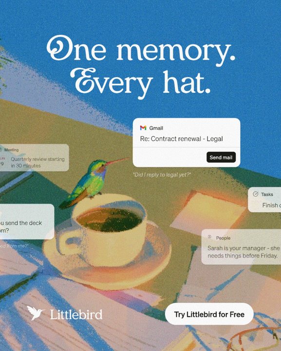 “One memory. Every hat.” over a hummingbird on a coffee cup, with product cards around it