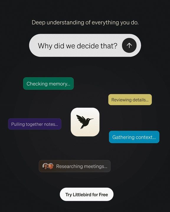 “Why did we decide that?” on off-black, with Littlebird’s working steps around the bird mark