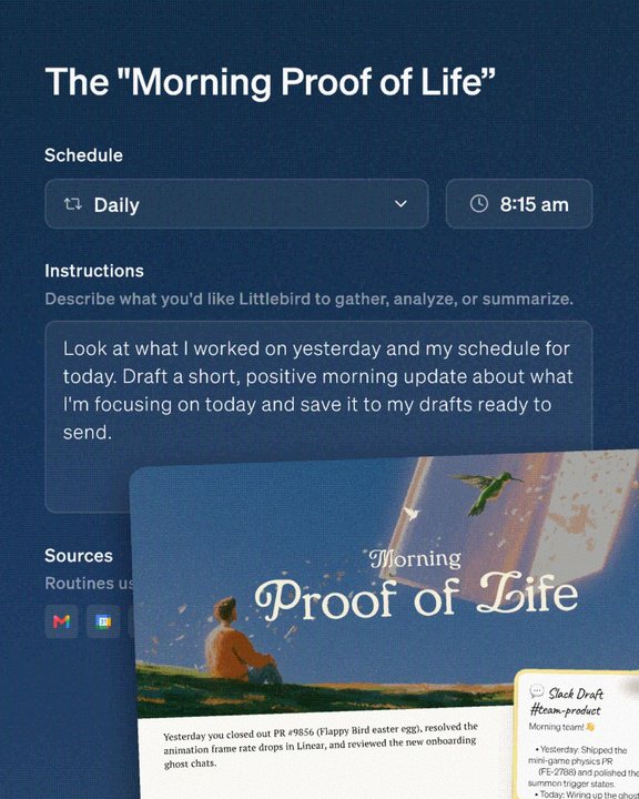 The “Morning Proof of Life” routine on navy, with its illustrated cover card