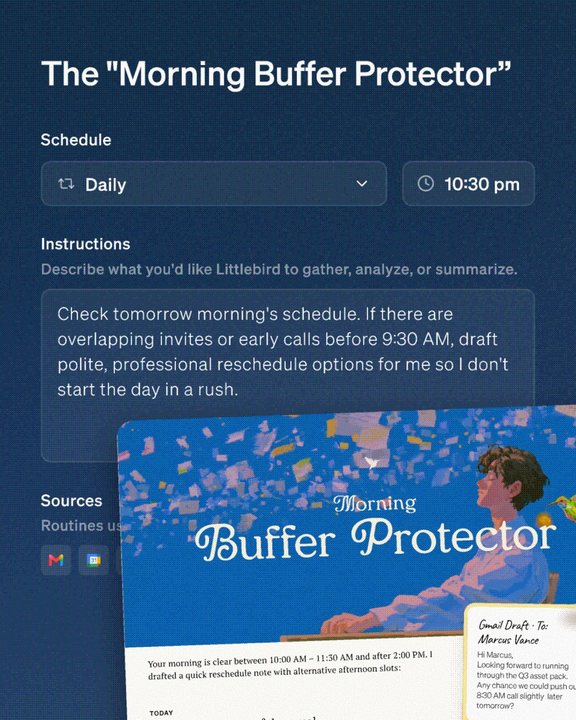 The “Morning Buffer Protector” routine on navy, with its illustrated cover card